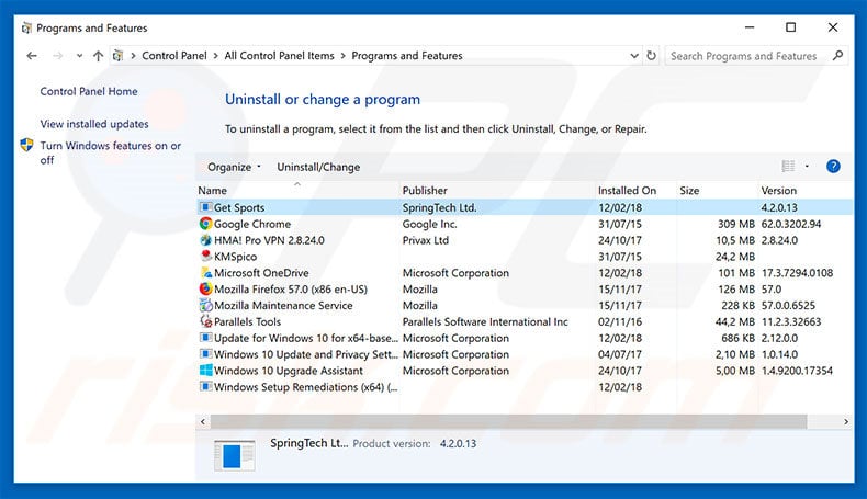 search.hgetsports.net browser hijacker uninstall via Control Panel