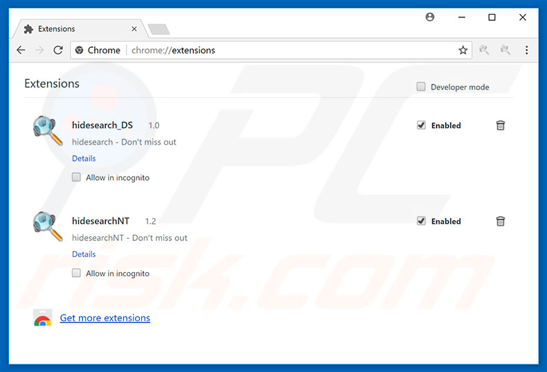 Removing search.hidemysearch.com related Google Chrome extensions