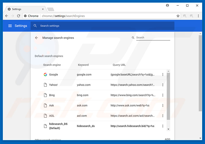 Removing search.hidemysearch.com from Google Chrome default search engine