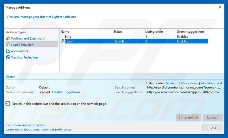 Removing search.hidemysearch.com from Internet Explorer default search engine
