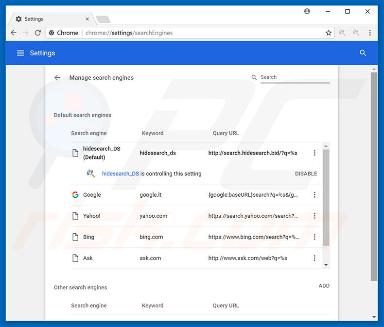 Removing search.hidesearch.bid from Google Chrome default search engine