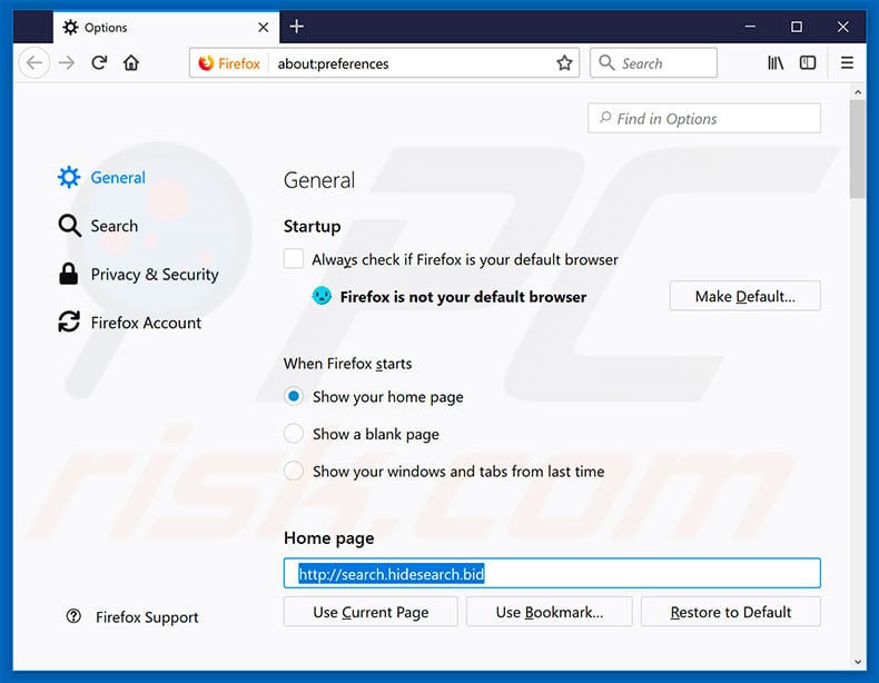 Removing search.hidesearch.bid from Mozilla Firefox homepage