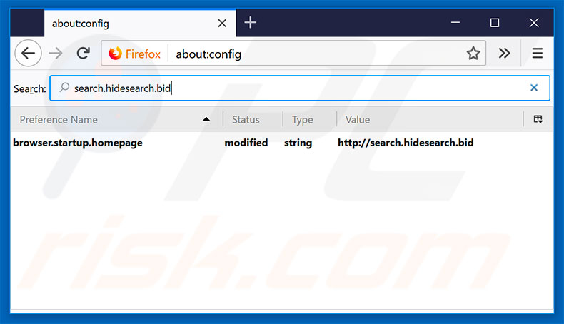 Removing search.hidesearch.bid from Mozilla Firefox default search engine