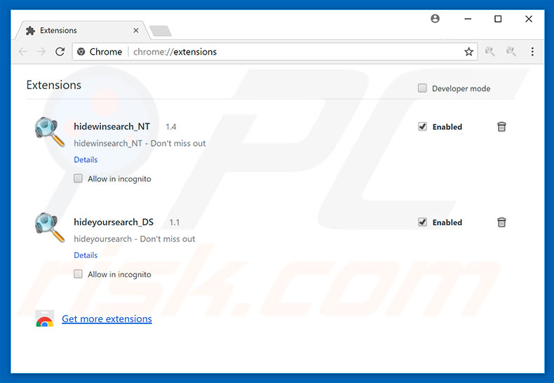 Removing search.hideyoursearch.win related Google Chrome extensions