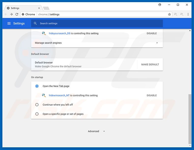 Removing search.hideyoursearch.win from Google Chrome homepage