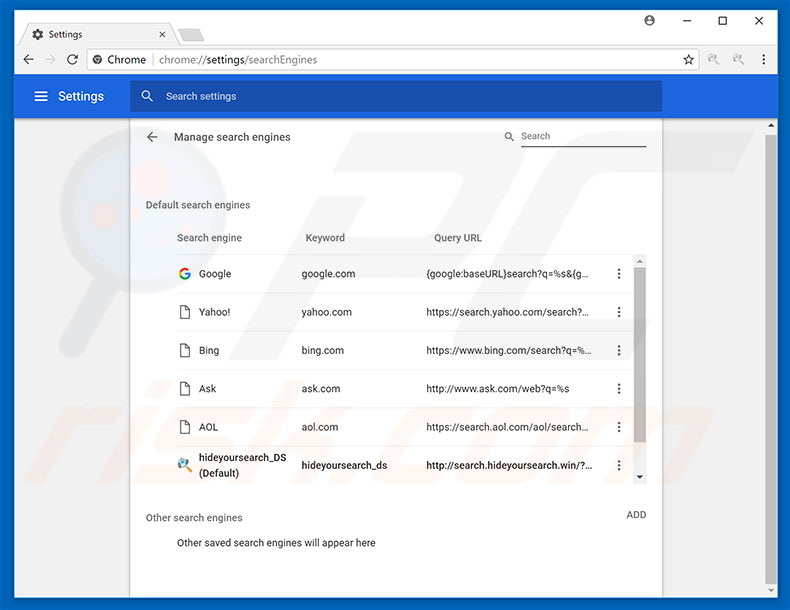 Removing search.hideyoursearch.win from Google Chrome default search engine