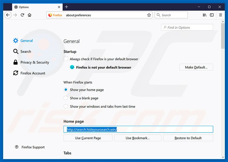 Removing search.hideyoursearch.win from Mozilla Firefox homepage