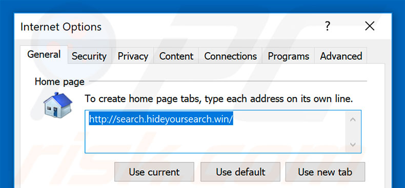 Removing search.hideyoursearch.win from Internet Explorer homepage