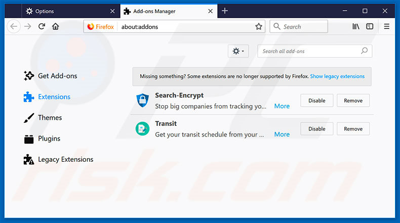Removing search.hmylocaltransit.co related Mozilla Firefox extensions
