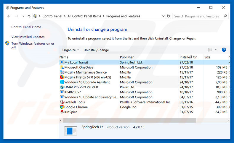 search.hmylocaltransit.co browser hijacker uninstall via Control Panel