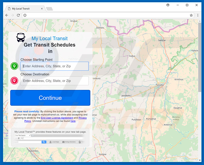 Website used to promote My Local Transit browser hijacker