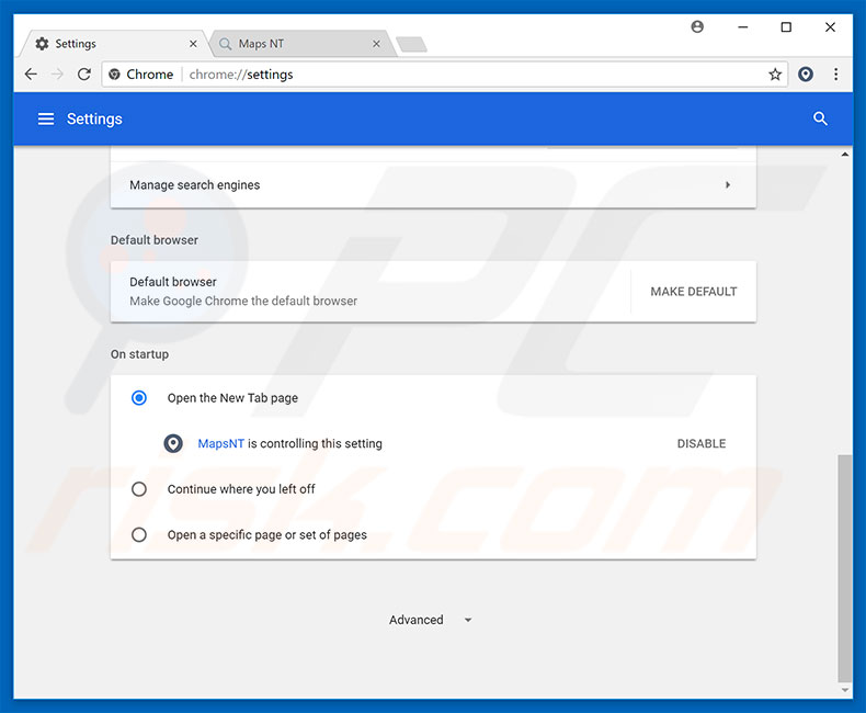 Removing home.mapsnt.com from Google Chrome homepage