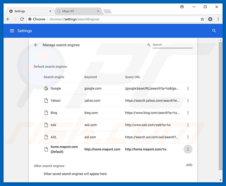 Removing home.mapsnt.com from Google Chrome default search engine