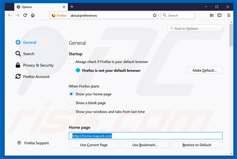 Removing home.mapsnt.com from Mozilla Firefox homepage