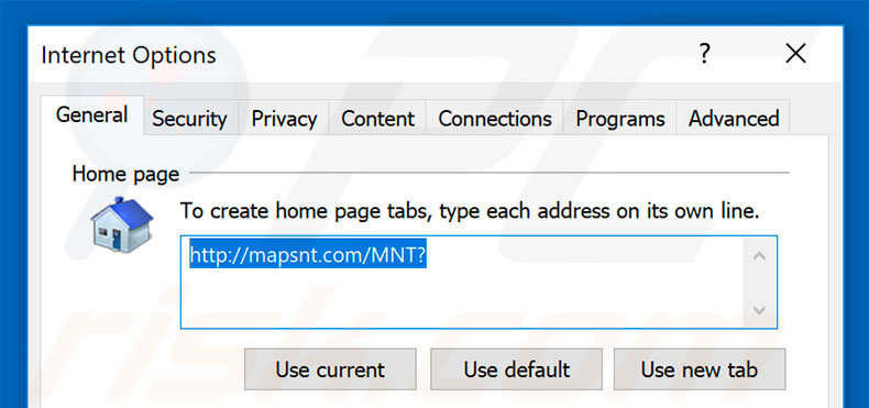Removing home.mapsnt.com from Internet Explorer homepage