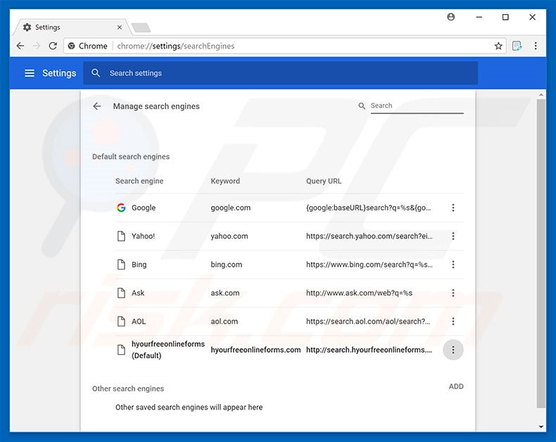 Removing search.hyourfreeonlineforms.com from Google Chrome default search engine