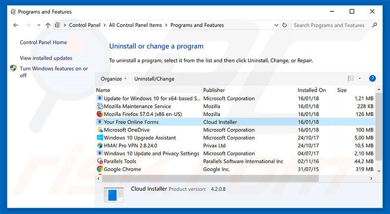 search.hyourfreeonlineforms.com browser hijacker uninstall via Control Panel