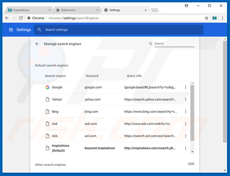 Removing inspiratiooo.com from Google Chrome default search engine
