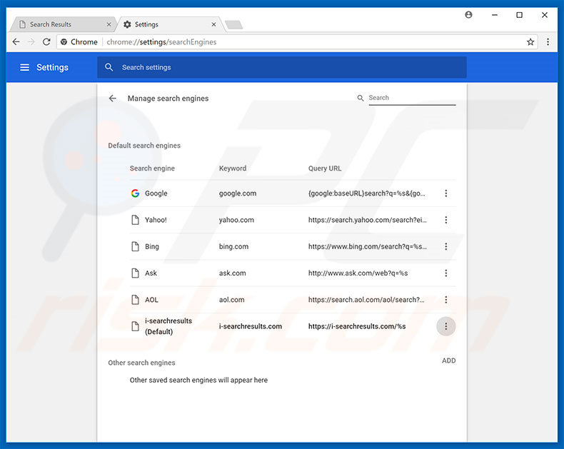 Removing i-searchresults.com from Google Chrome default search engine