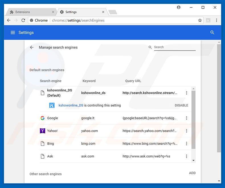 Removing search.kshowonline.stream from Google Chrome default search engine