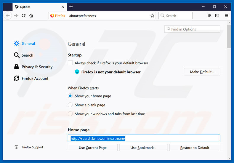 Removing search.kshowonline.stream from Mozilla Firefox homepage
