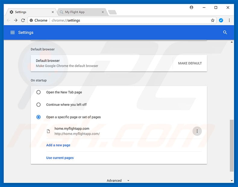 Removing home.myflightapp.com from Google Chrome homepage