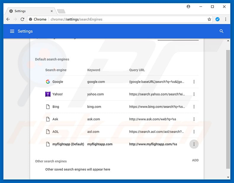 Removing home.myflightapp.com from Google Chrome default search engine