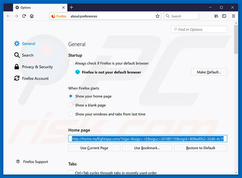 Removing home.myflightapp.com from Mozilla Firefox homepage