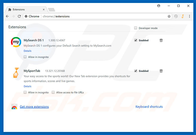 Removing search.mysearch.com related Google Chrome extensions