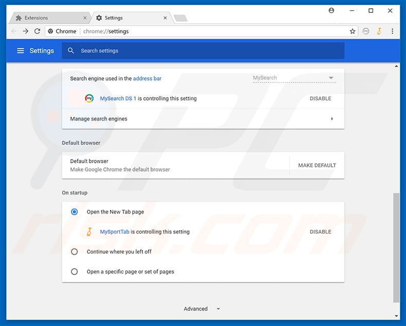 Removing search.mysearch.com from Google Chrome homepage