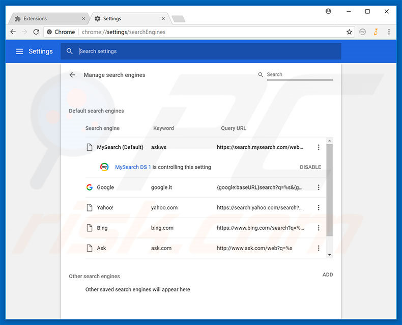Removing search.mysearch.com from Google Chrome default search engine