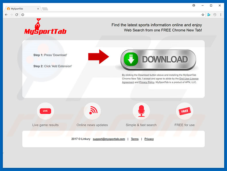 Website used to promote MySportTab browser hijacker