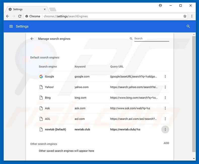 Removing newtab.club from Google Chrome default search engine