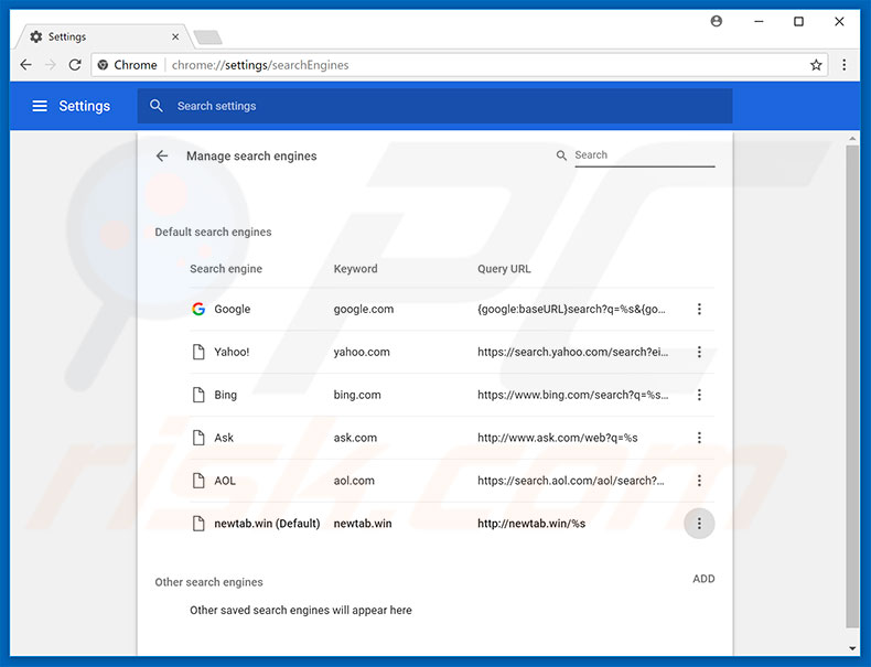 Removing newtab.win from Google Chrome default search engine