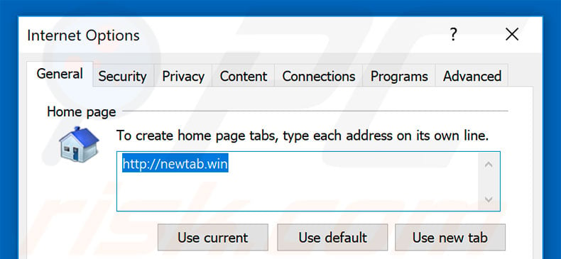 Removing newtab.win from Internet Explorer homepage