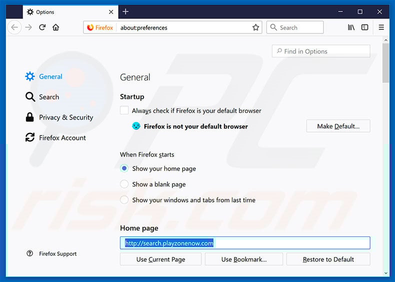 Removing search.playzonenow.com from Mozilla Firefox homepage