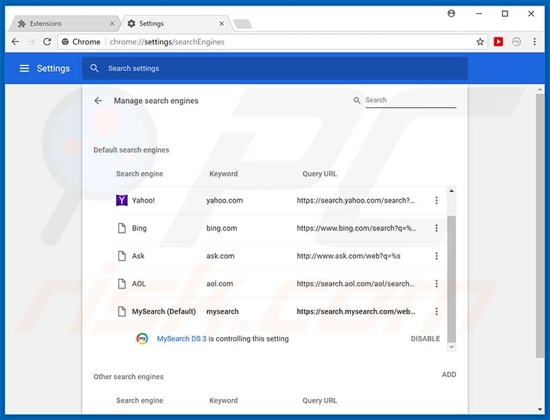 Removing search.mysearch.com from Google Chrome default search engine