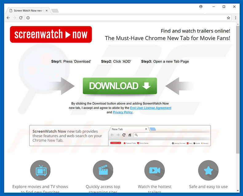 Website used to promote ScreenWatch Now browser hijacker