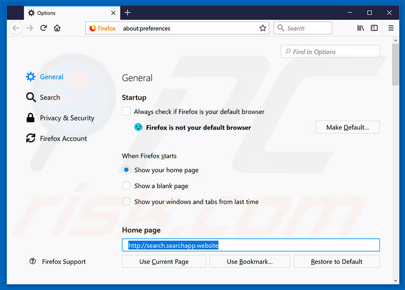 Removing search.searchapp.website from Mozilla Firefox homepage