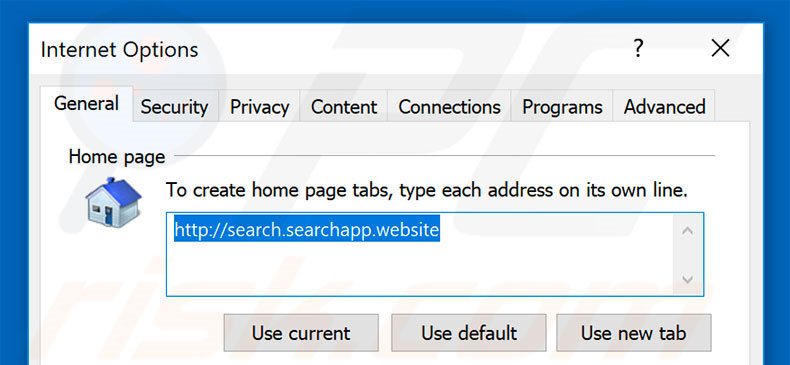 Removing search.searchapp.website from Internet Explorer homepage