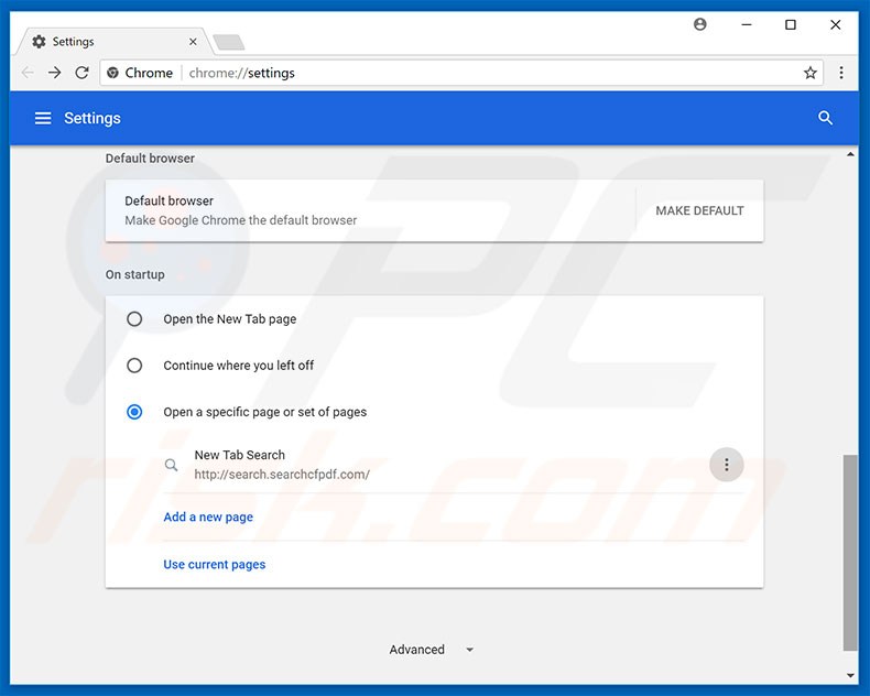 Removing search.searchcfpdf.com from Google Chrome homepage