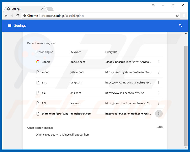 Removing search.searchcfpdf.com from Google Chrome default search engine