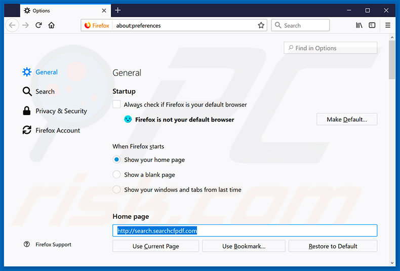 Removing search.searchcfpdf.com from Mozilla Firefox homepage