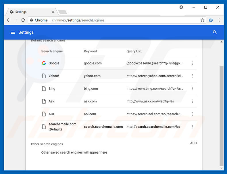 Removing search.searchemaile.com from Google Chrome default search engine