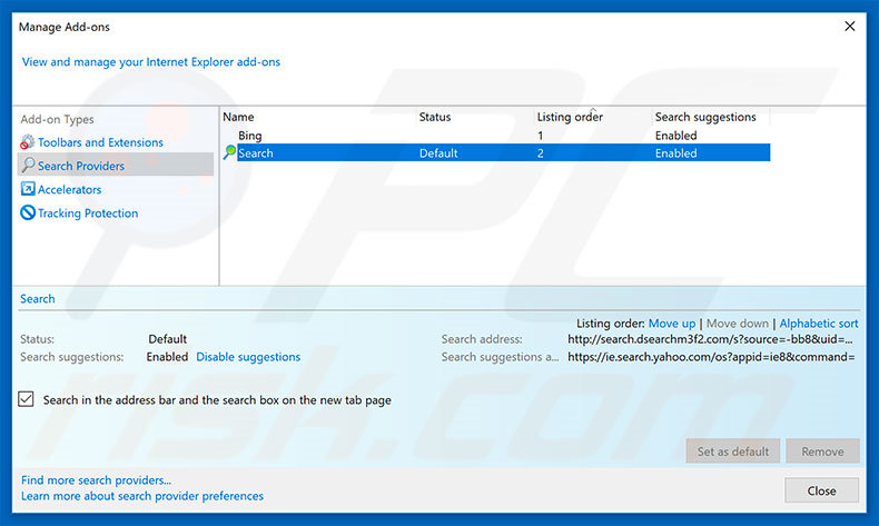 Removing search.dsearchm3f2.com from Internet Explorer default search engine