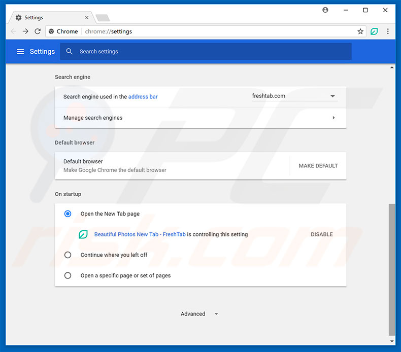 Removing search.freshtab.net from Google Chrome homepage