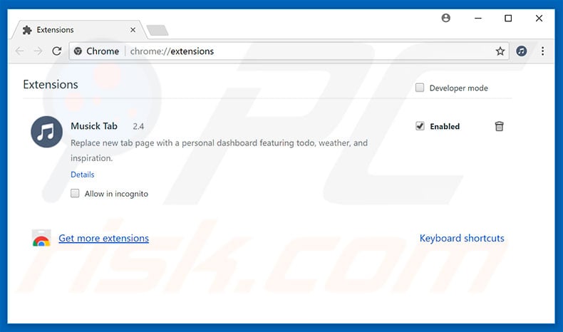 Removing search.musicktab.com related Google Chrome extensions