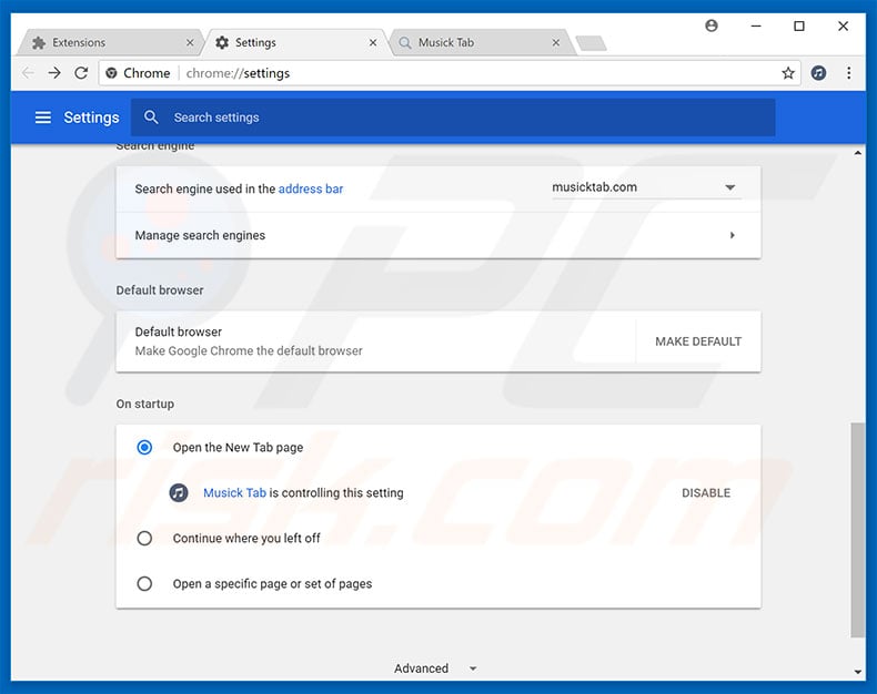 Removing search.musicktab.com from Google Chrome homepage