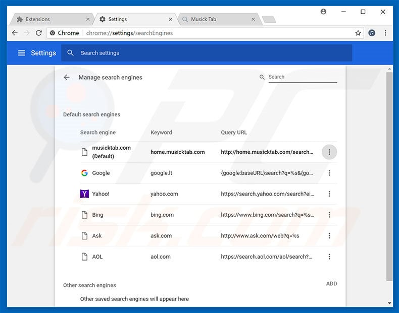 Removing search.musicktab.com from Google Chrome default search engine