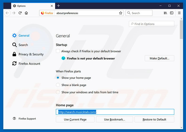 Removing search.musicktab.com from Mozilla Firefox homepage